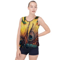 Sunset Illustration Water Night Sun Landscape Grass Clouds Painting Digital Art Drawing Bubble Hem Chiffon Tank Top by Cemarart