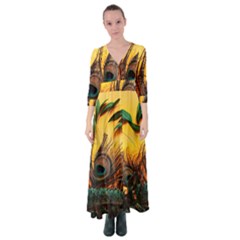 Sunset Illustration Water Night Sun Landscape Grass Clouds Painting Digital Art Drawing Button Up Maxi Dress by Cemarart