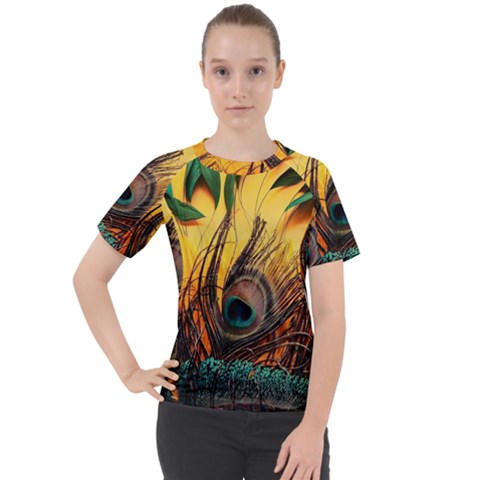 Sunset Illustration Water Night Sun Landscape Grass Clouds Painting Digital Art Drawing Women s Sport Raglan T-shirt by Cemarart