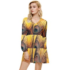 Sunset Illustration Water Night Sun Landscape Grass Clouds Painting Digital Art Drawing Tiered Long Sleeve Mini Dress by Cemarart