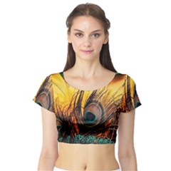 Forest Owl Art Snow Winter Short Sleeve Crop Top by Cemarart