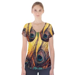 Forest Owl Art Snow Winter Short Sleeve Front Detail Top by Cemarart