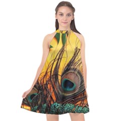 Forest Owl Art Snow Winter Halter Neckline Chiffon Dress  by Cemarart