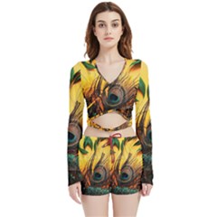 Forest Owl Art Snow Winter Velvet Wrap Crop Top And Shorts Set by Cemarart