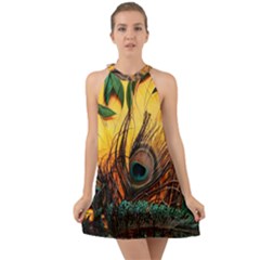 Forest Owl Art Snow Winter Halter Tie Back Chiffon Dress by Cemarart