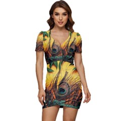 City Lights Sky Landmark Painting Low Cut Cap Sleeve Mini Dress by Cemarart