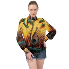 Forest Owl Art Snow Winter High Neck Long Sleeve Chiffon Top by Cemarart