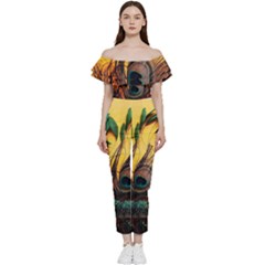 Forest Owl Art Snow Winter Bardot Ruffle Jumpsuit by Cemarart