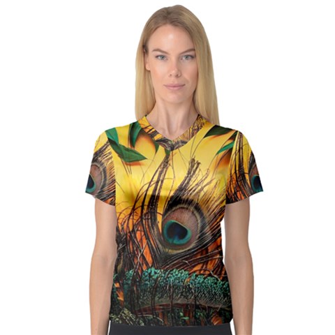 Landscape Bright Scenery Drawing Rivers Blue Lovely V-neck Sport Mesh T-shirt by Cemarart