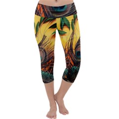 Landscape Bright Scenery Drawing Rivers Blue Lovely Capri Yoga Leggings by Cemarart