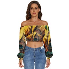 Forest Owl Art Snow Winter Long Sleeve Crinkled Weave Crop Top by Cemarart