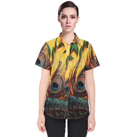 Landscape Bright Scenery Drawing Rivers Blue Lovely Women s Short Sleeve Shirt by Cemarart