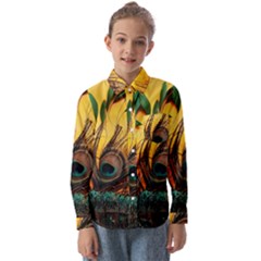 Landscape Bright Scenery Drawing Rivers Blue Lovely Kids  Long Sleeve Shirt by Cemarart