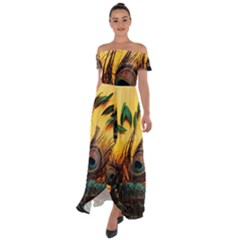 Landscape Bright Scenery Drawing Rivers Blue Lovely Off Shoulder Open Front Chiffon Dress by Cemarart