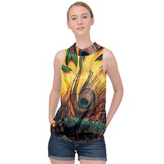 Landscape Bright Scenery Drawing Rivers Blue Lovely High Neck Satin Top by Cemarart