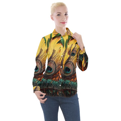 Landscape Bright Scenery Drawing Rivers Blue Lovely Women s Long Sleeve Pocket Shirt by Cemarart