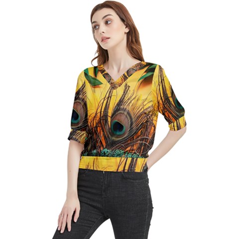 Landscape Bright Scenery Drawing Rivers Blue Lovely Quarter Sleeve Blouse by Cemarart