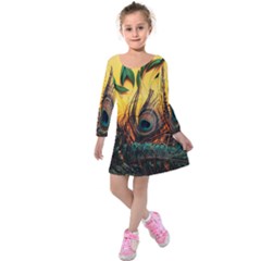 Asian Retro Vintage Art Korea China Japan Kids  Long Sleeve Velvet Dress by Cemarart