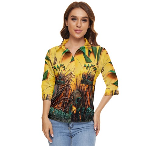 Landscape Bright Scenery Drawing Rivers Blue Lovely Women s Quarter Sleeve Pocket Shirt by Cemarart