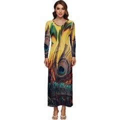 Landscape Bright Scenery Drawing Rivers Blue Lovely Long Sleeve Longline Maxi Dress by Cemarart