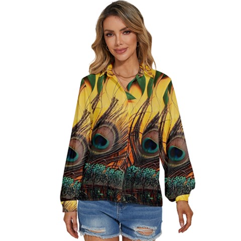 Landscape Bright Scenery Drawing Rivers Blue Lovely Women s Long Sleeve Button Up Shirt by Cemarart