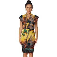 Asian Retro Vintage Art Korea China Japan Vintage Frill Sleeve V-neck Bodycon Dress by Cemarart