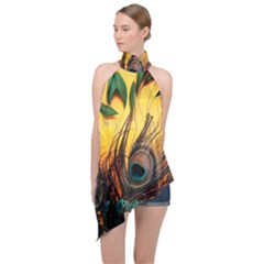 Forest Trees Snow Landscape Art Halter Asymmetric Satin Top by Cemarart