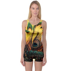 Japan Art Artwork Asia Drawing Lake Landscape Mountain Nature Oriental One Piece Boyleg Swimsuit by Cemarart