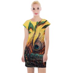 Japan Art Artwork Asia Drawing Lake Landscape Mountain Nature Oriental Cap Sleeve Bodycon Dress by Cemarart