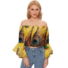 Forest Trees Snow Landscape Art Off Shoulder Flutter Bell Sleeve Top by Cemarart