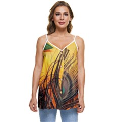 Japan Art Artwork Asia Drawing Lake Landscape Mountain Nature Oriental Casual Spaghetti Strap Chiffon Top by Cemarart