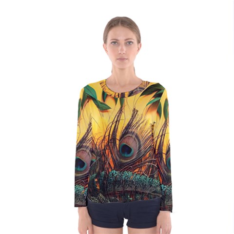 Peacock Feather Native Women s Long Sleeve T-shirt by Cemarart