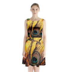 Peacock Feather Native Sleeveless Waist Tie Chiffon Dress by Cemarart