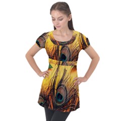 Peacock Feather Native Puff Sleeve Tunic Top by Cemarart