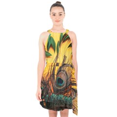 Peacock Feather Native Halter Collar Waist Tie Chiffon Dress by Cemarart