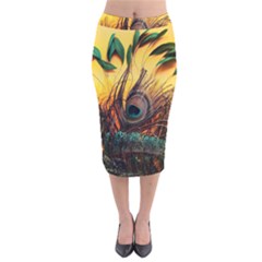 Peacock Feather Native Velvet Midi Pencil Skirt by Cemarart