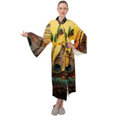 Peacock Feather Native Maxi Velvet Kimono by Cemarart