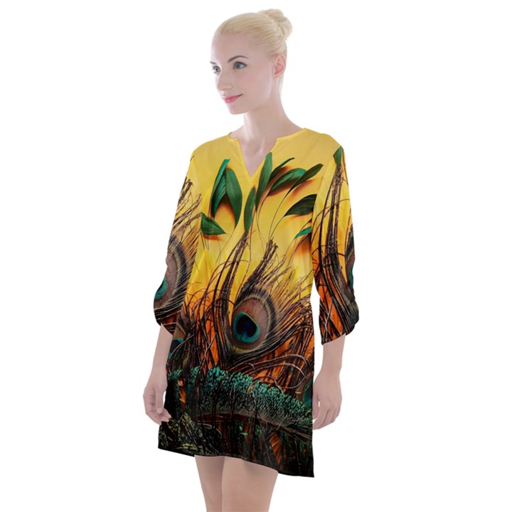 Peacock Feather Native Open Neck Shift Dress