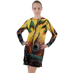 Peacock Feather Native Long Sleeve Hoodie Dress by Cemarart