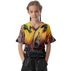 Peacock Feather Native Kids  V-neck Horn Sleeve Blouse by Cemarart