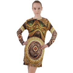 Fractals, Floral Ornaments, Waves Long Sleeve Hoodie Dress by nateshop