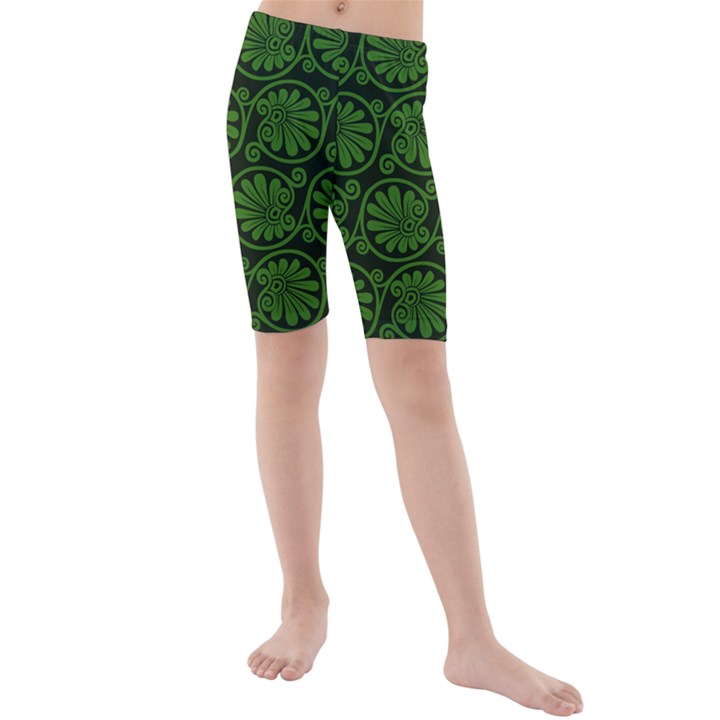 Green Floral Pattern Floral Greek Ornaments Kids  Mid Length Swim Shorts