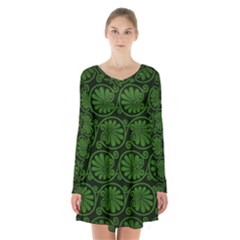 Green Floral Pattern Floral Greek Ornaments Long Sleeve Velvet V-neck Dress