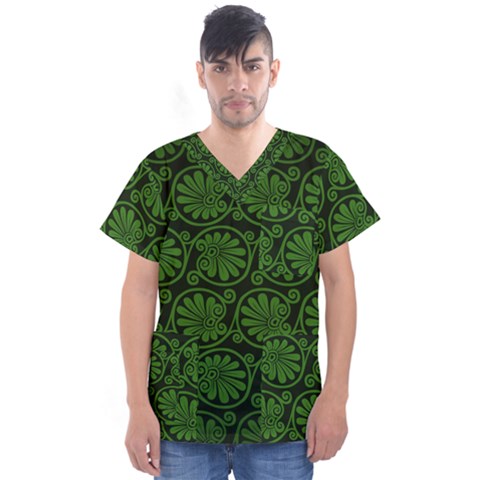 Green Floral Pattern Floral Greek Ornaments Men s V-neck Scrub Top by nateshop