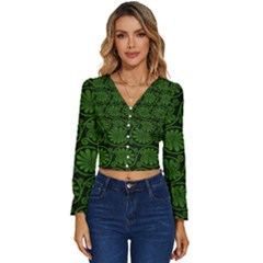 Green Floral Pattern Floral Greek Ornaments Long Sleeve V-neck Top by nateshop