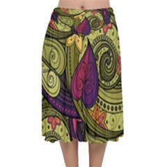 Green Paisley Background, Artwork, Paisley Patterns Velvet Flared Midi Skirt