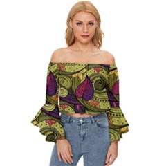 Green Paisley Background, Artwork, Paisley Patterns Off Shoulder Flutter Bell Sleeve Top by nateshop