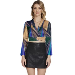 Colorful Centroid Line Stroke Long Sleeve Tie Back Satin Wrap Top by Cemarart