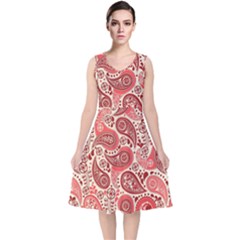 Paisley Red Ornament Texture V-neck Midi Sleeveless Dress  by nateshop