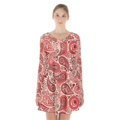 Paisley Red Ornament Texture Long Sleeve Velvet V-neck Dress